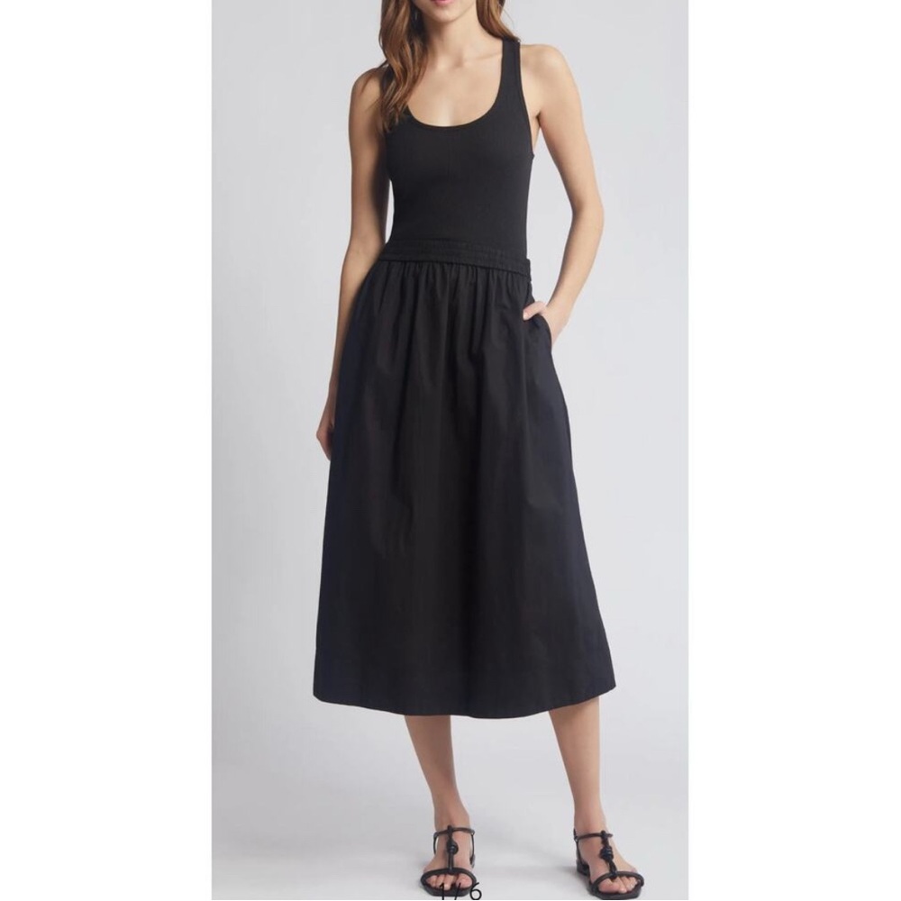 NATION LTD Sadelle Stretch Cotton Midi‎ Dress In Jet Black Size M